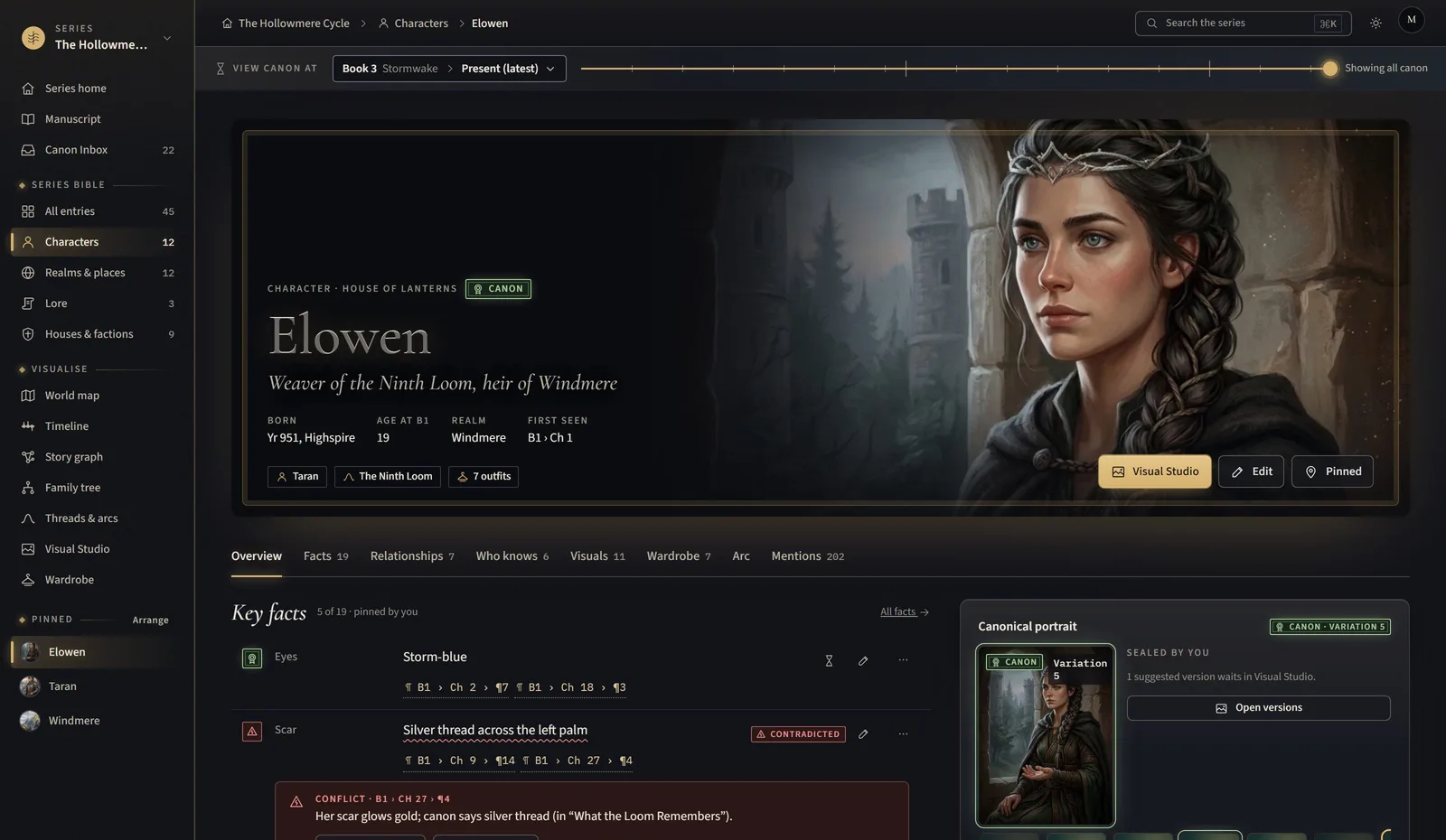 Elowen’s hub: her canon portrait, key facts with citations, and a conflict about her scar